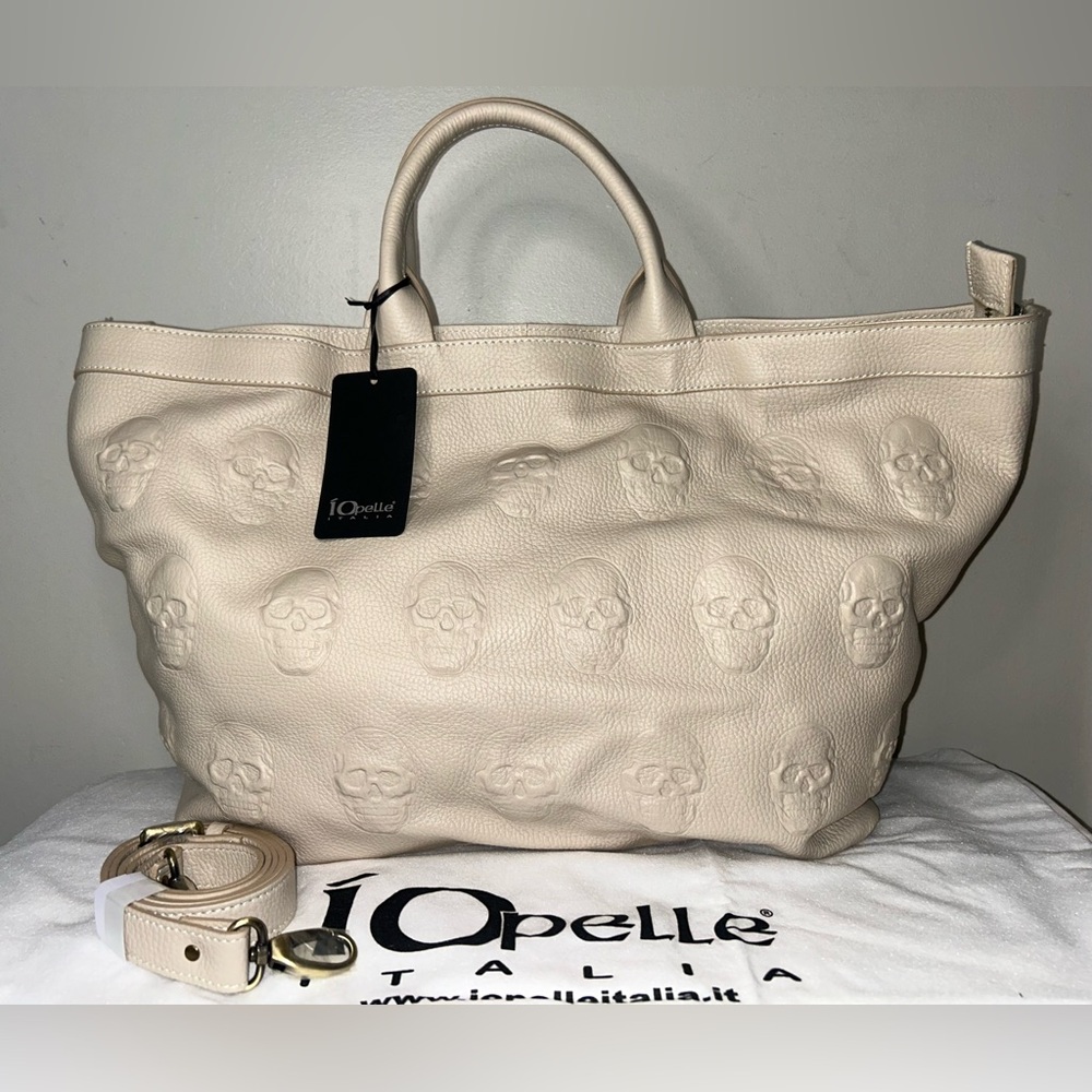 NEW! NWT IO PELLE Italy Large 3D Skull Leather Weekender Tote Bag in Latte Cream